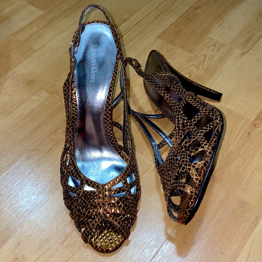 Calvin klein metallic snakeskin open toe slingback